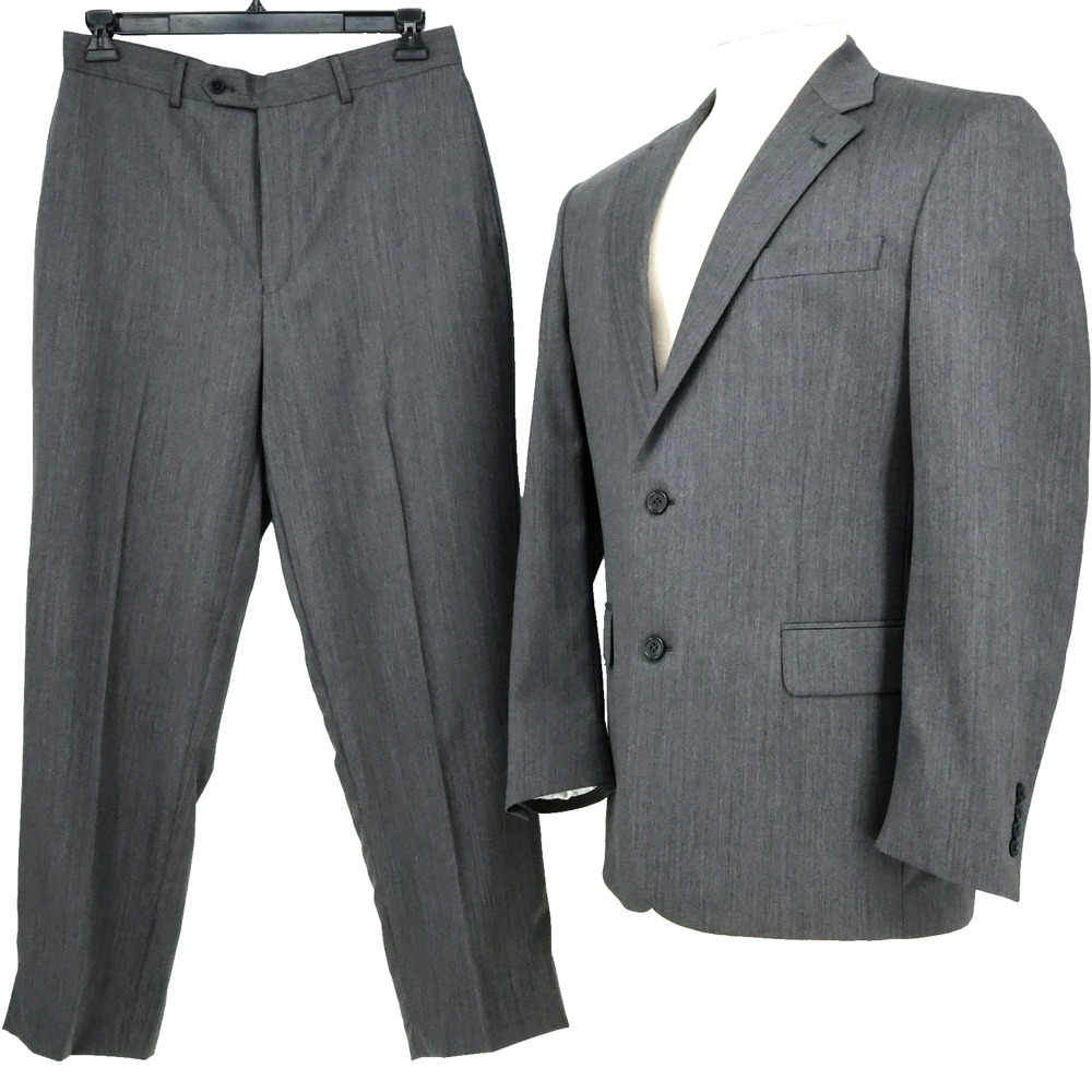 Jos A Bank Suit Mens 40R Gray Herringbone Wool Flat Front Pants Career Preppy